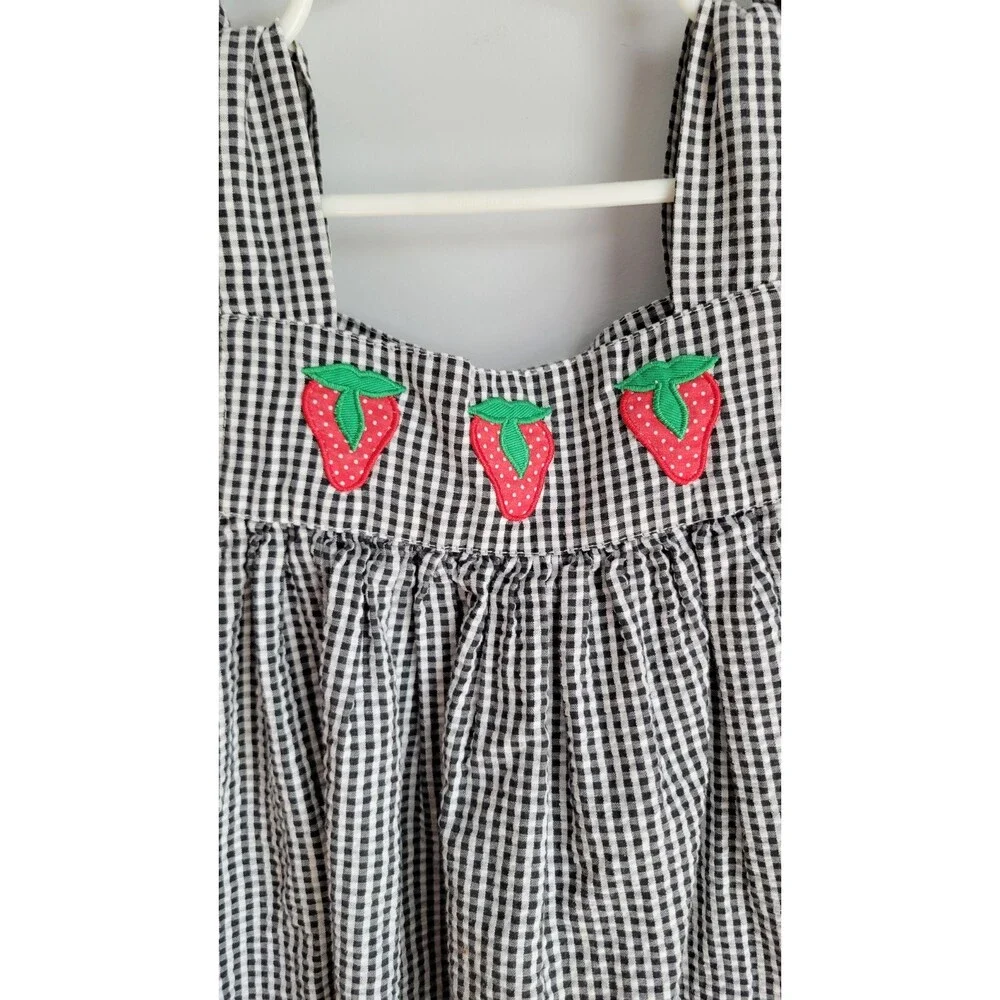 Samara Sundress Vintage Gingham Summer Dress Black Strawberry Applique Sz  S 5